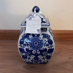 Medium Blue and White Hand Painted Floral Ceramic Ginger Jar - Brand New